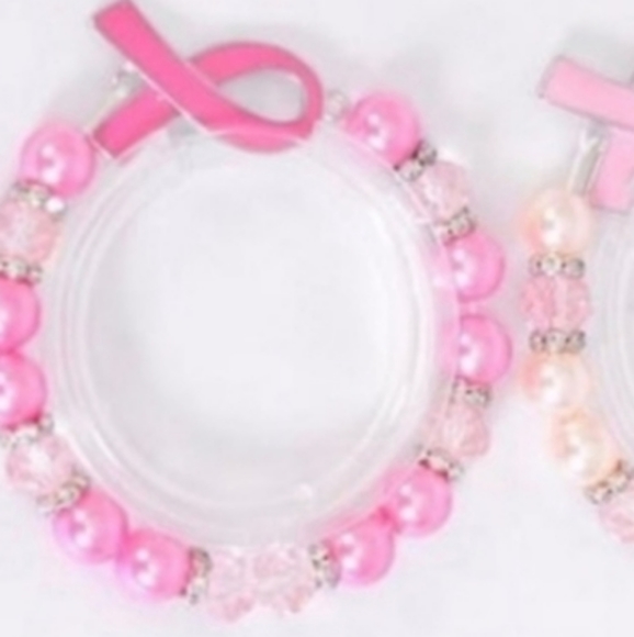 Bracelet Lt Pink Cancer Ribbon Beaded Rhinestone Pearl w/ 1 Cancer Ribb… - Picture 4 of 9